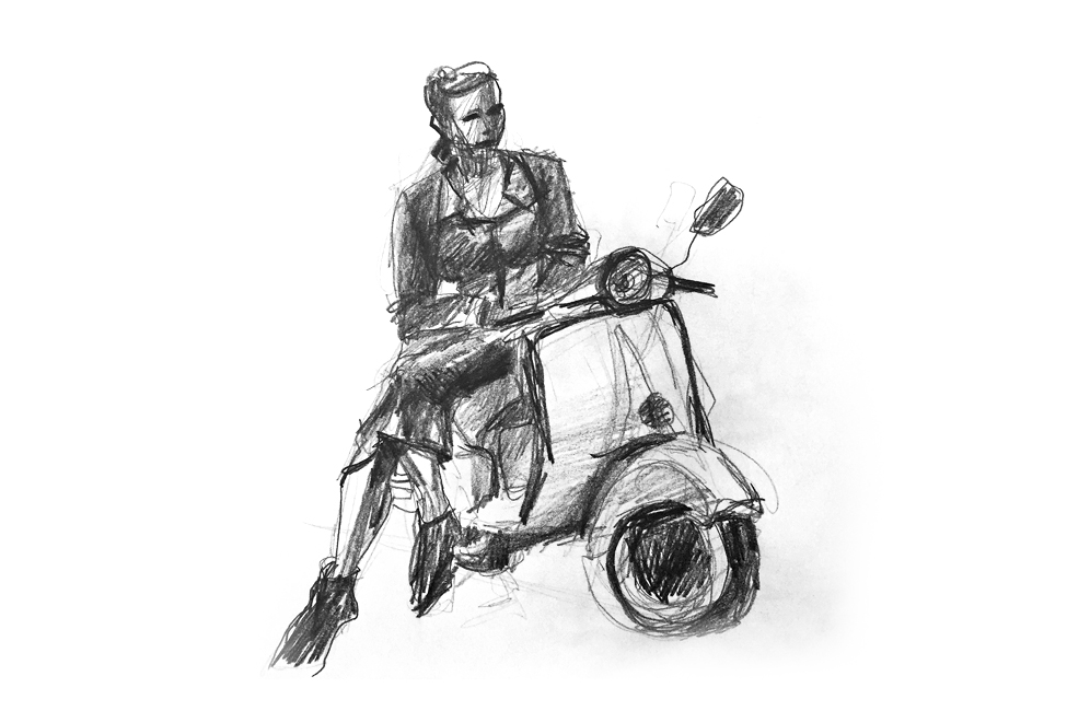 msk2 Skizze Frau mit Motorroller 1996