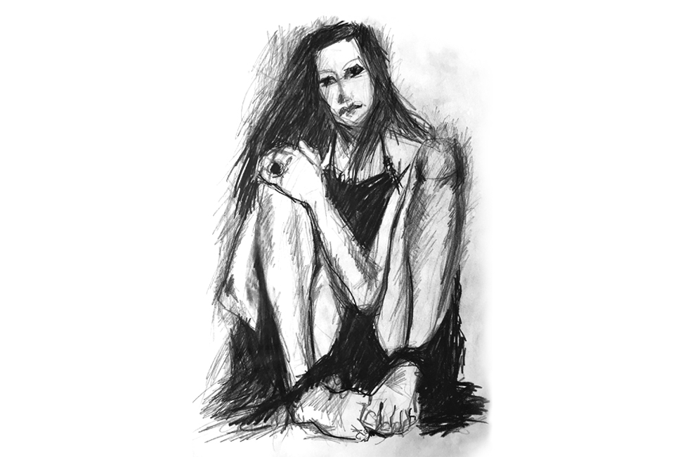 msk2 Skizze Frau sitzend vor Wand 1996